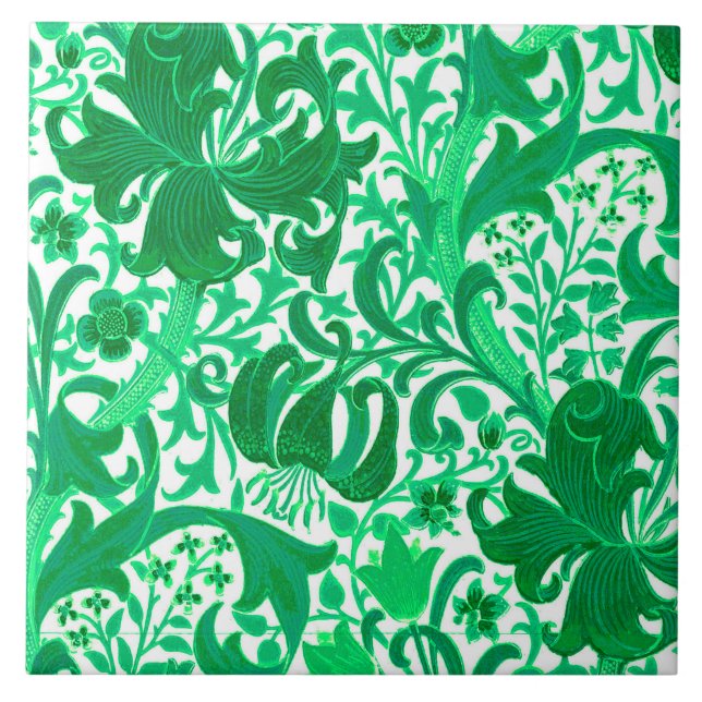 William Morris Iris and Lily, Jade Green Ceramic Tile (Front)