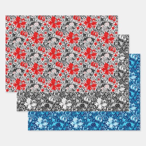William Morris Iris and Lily Red Back  Indigo  Wrapping Paper Sheets