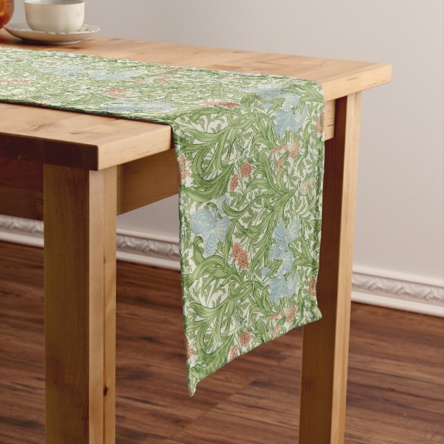 William Morris Iris Flowers Foliage Birds Blue  Long Table Runner (In Situ)