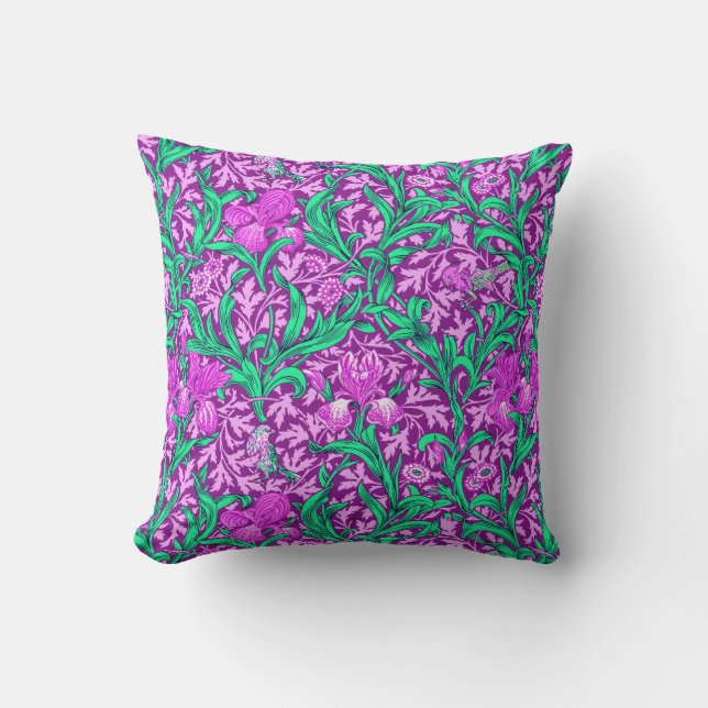 William Morris Irises, Amethyst Purple Outdoor Pillow (Front)