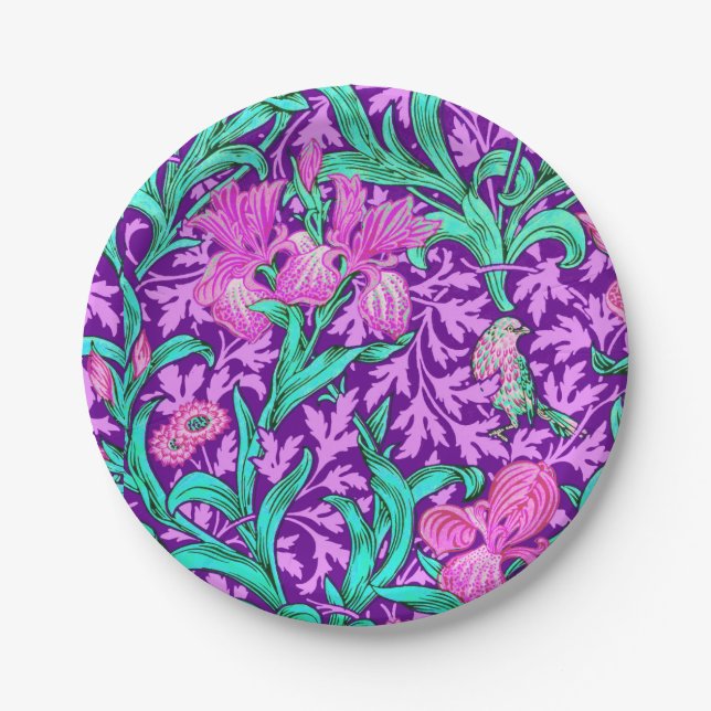 William Morris Irises, Amethyst Purple Paper Plates (Front)