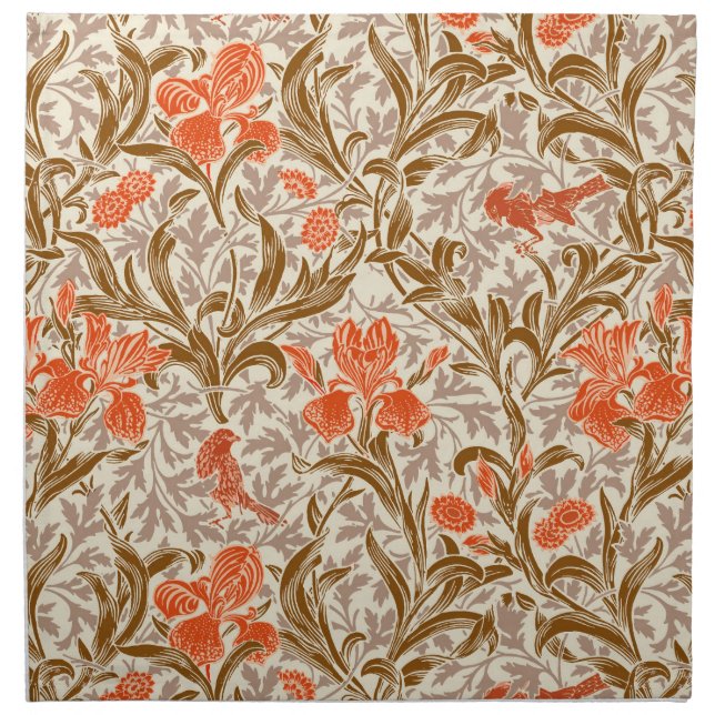 William Morris Irises, Coral Orange, Brown & Beige Cloth Napkin (Front)