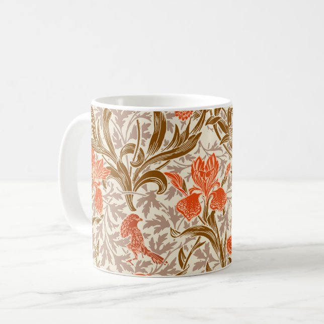 William Morris Irises, Coral Orange, Brown & Beige Coffee Mug (Front Left)