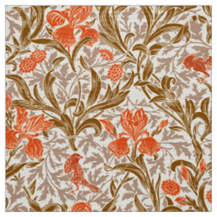 William Morris Irises, Coral Orange, Brown & Beige Fabric