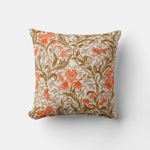 William Morris Irises Coral Orange Brown  Beige Throw Pillow