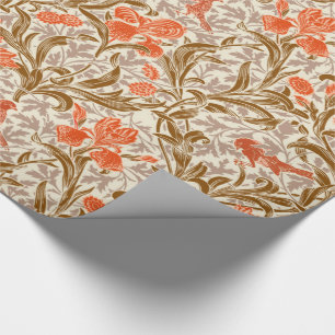 William Morris Irises, Coral Orange, Brown & Beige Wrapping Paper
