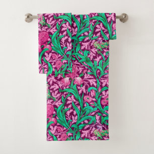 William Morris Irises, Fuchsia Pink and Wine Bath Towel Set