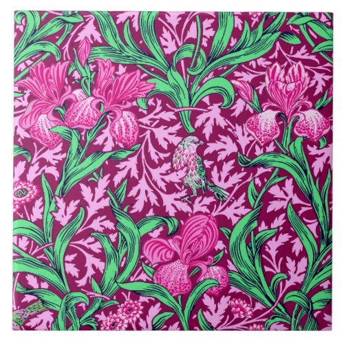 William Morris Irises Fuchsia Pink and Wine Ceramic Tile