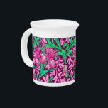 William Morris Irises, Fuchsia Pink and Wine Drink Pitcher<br><div class="desc">Pitcher in a William Morris,  Art Nouveau,  textile print of irises and leaves,  digitally enhanced and colored,  in fuchsia and ice pink,  peacock green,  and white,  on a deep wine purple background</div>