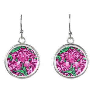 William Morris Irises, Fuchsia Pink and Wine Earrings