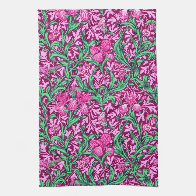 William Morris Irises, Fuchsia Pink and Wine Kitchen Towel (Vertical)