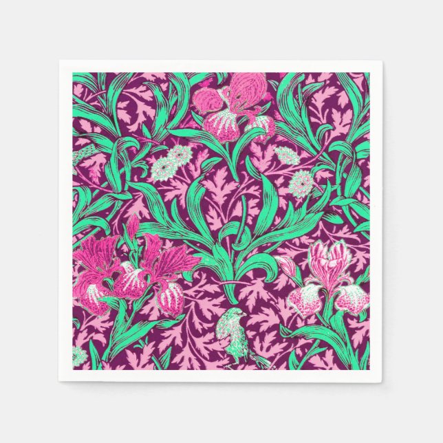 William Morris Irises, Fuchsia Pink and Wine Napkins (Front)