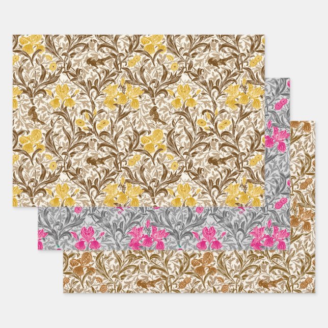 William Morris Irises, Gold, Gray, Rust   Wrapping Paper Sheets (Set)