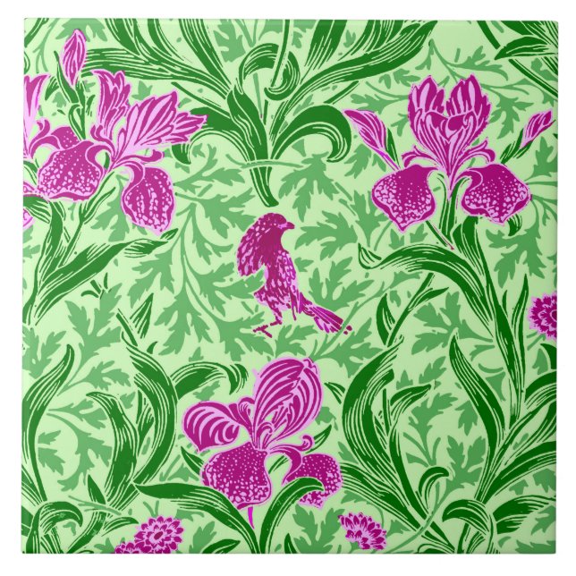 William Morris Irises, Green, Magenta and Orchid Ceramic Tile (Front)
