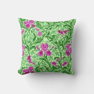 William Morris Irises, Green, Magenta and Orchid Throw Pillow