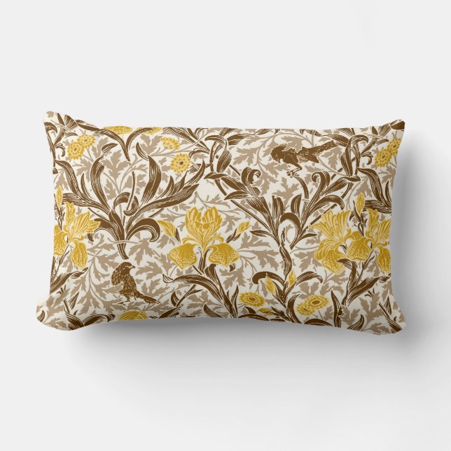 William Morris Irises, Mustard Gold, Brown & Beige Lumbar Pillow (Front)