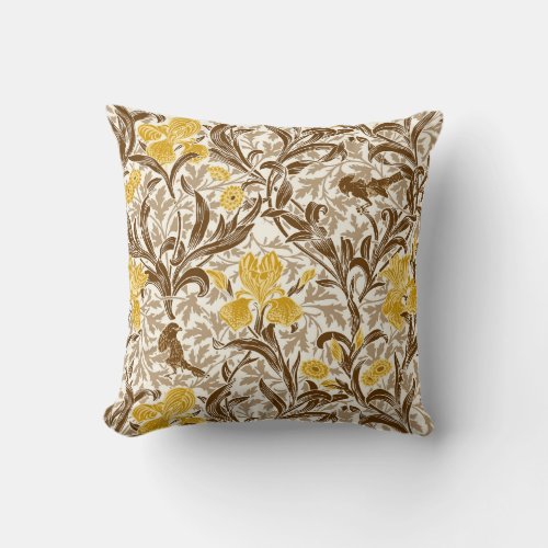William Morris Irises Mustard Gold Brown  Beige Throw Pillow
