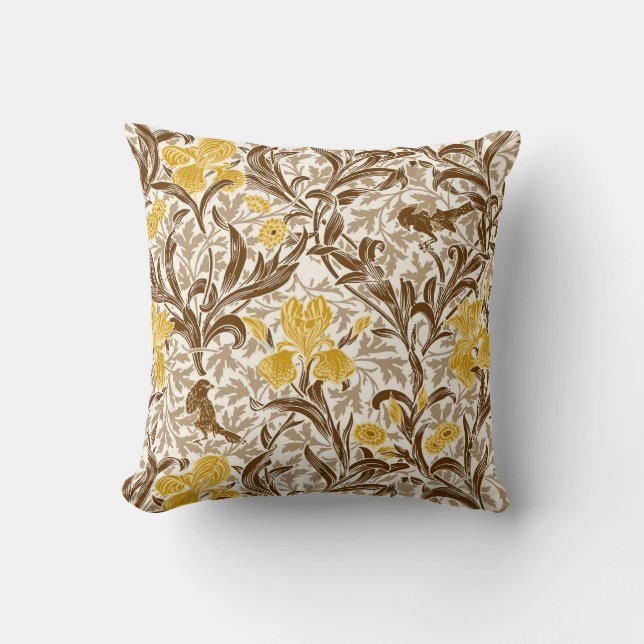 William Morris Irises, Mustard Gold, Brown & Beige Throw Pillow (Front)