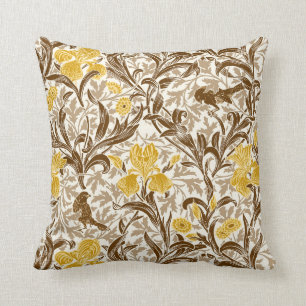 William Morris Irises, Mustard Gold, Brown & Beige Throw Pillow