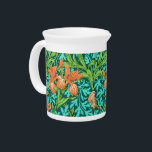William Morris Irises, Orange and Turquoise Beverage Pitcher<br><div class="desc">Pitcher in a William Morris,  Art Nouveau,  textile print of irises and leaves,  digitally enhanced and colored,  in orange,  lime green,  and soft aqua,  on a deep turquoise background</div>