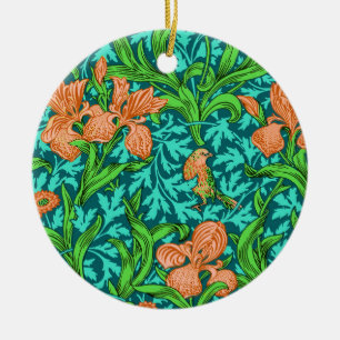 William Morris Irises, Orange and Turquoise   Ceramic Ornament