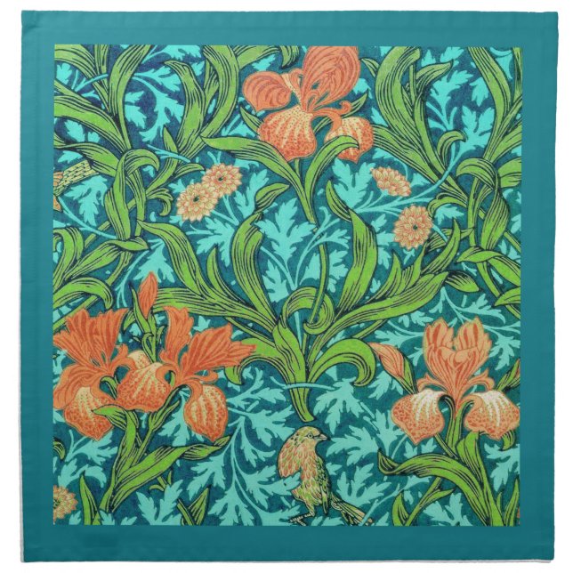 William Morris Irises, Orange and Turquoise Cloth Napkin (Front)