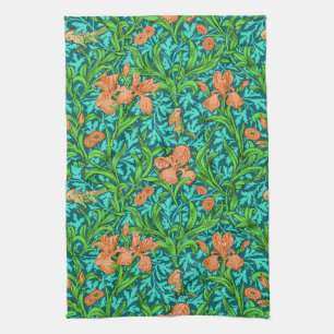 William Morris Irises, Orange and Turquoise Kitchen Towel