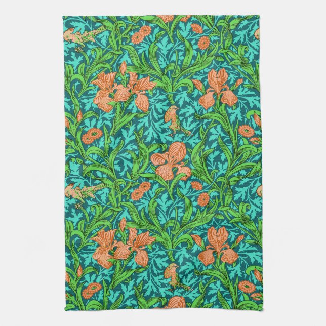 William Morris Irises, Orange and Turquoise Kitchen Towel (Vertical)