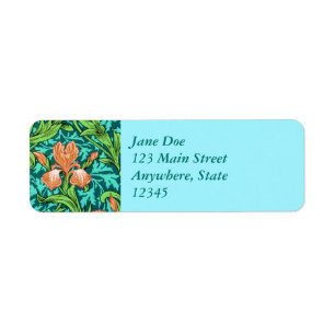 William Morris Irises, Orange and Turquoise Label