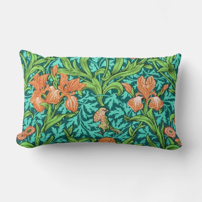 William Morris Irises, Orange and Turquoise Lumbar Pillow (Front)