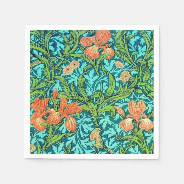 William Morris Irises, Orange and Turquoise Paper Napkins (Front)