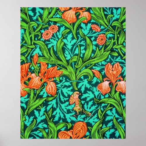 William Morris Irises Orange and Turquoise Poster