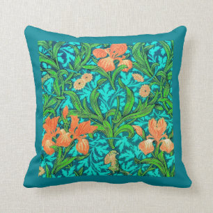 William Morris Irises, Orange and Turquoise Throw Pillow