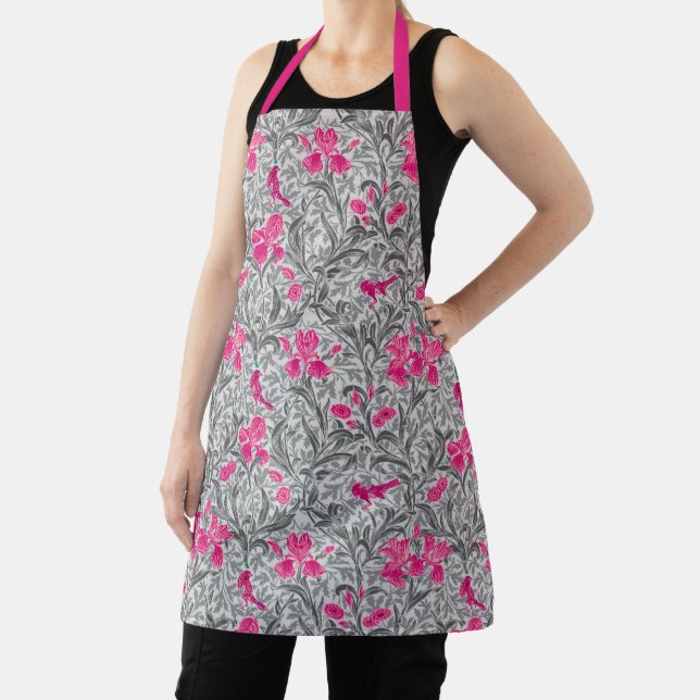 William Morris Irises, Pink and Silver Gray / Grey Apron (Insitu)