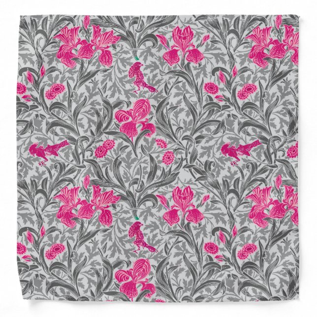 William Morris Irises, Pink and Silver Gray / Grey Bandana (Front)
