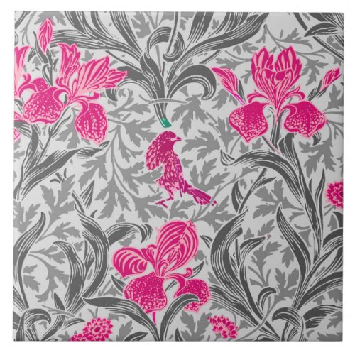 William Morris Irises Pink and Silver Gray  Grey Ceramic Tile