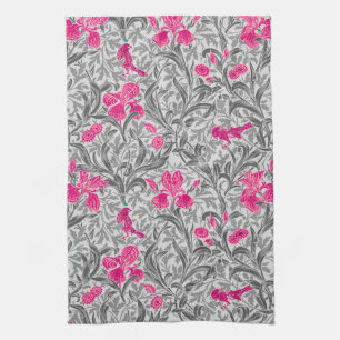 William Morris Irises, Pink and Silver Gray / Grey Kitchen Towel