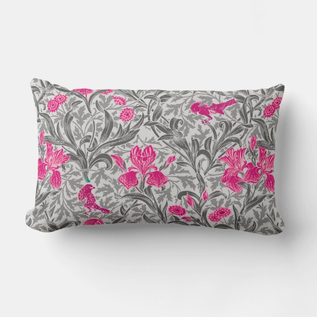 William Morris Irises, Pink and Silver Gray / Grey Lumbar Pillow (Front)