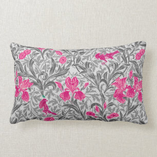 William Morris Irises, Pink and Silver Gray / Grey Lumbar Pillow