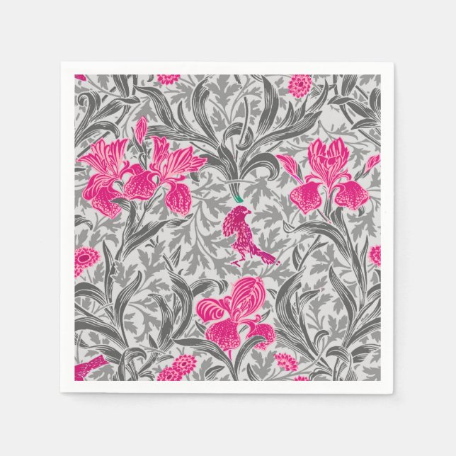 William Morris Irises, Pink and Silver Gray / Grey Napkins (Front)