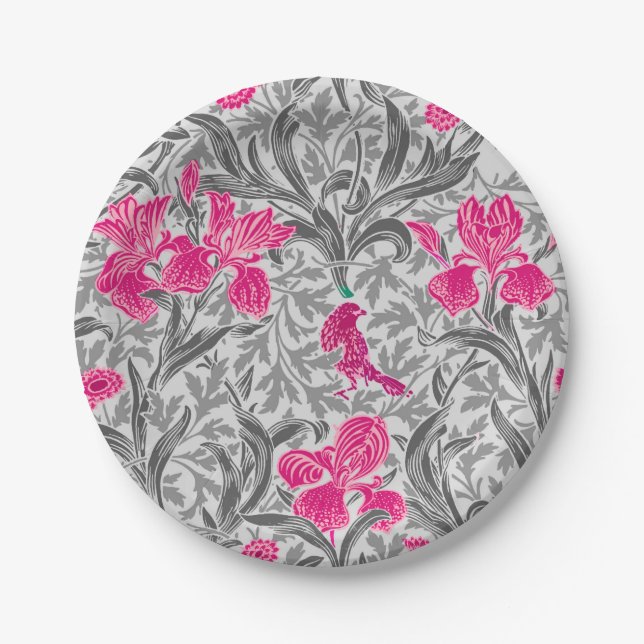 William Morris Irises, Pink and Silver Gray / Grey Paper Plates (Front)