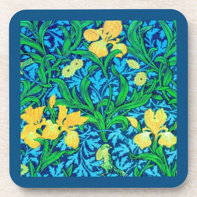 William Morris Irises, Yellow and Cobalt Blue Beverage Coaster (Front)