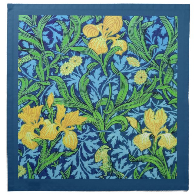 William Morris Irises, Yellow and Cobalt Blue Cloth Napkin (Front)
