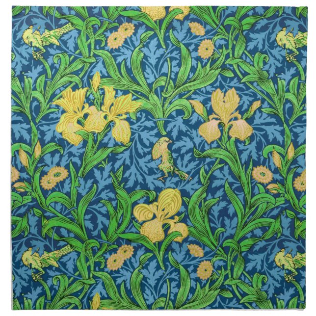 William Morris Irises, Yellow and Cobalt Blue Cloth Napkin (Front)