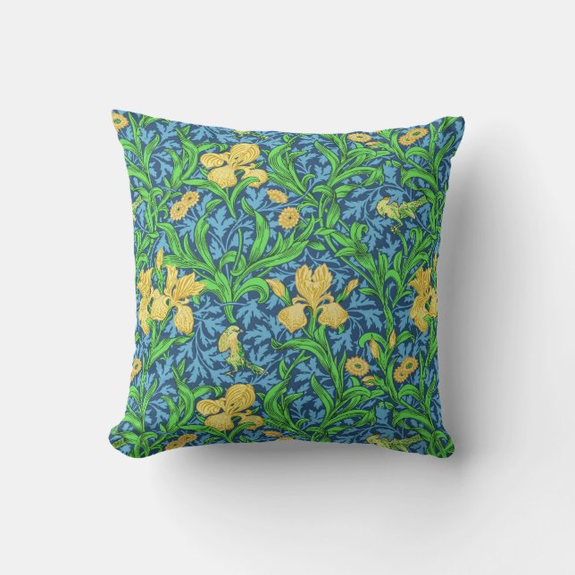 William Morris Irises, Yellow and Cobalt Blue Outdoor Pillow (Front)