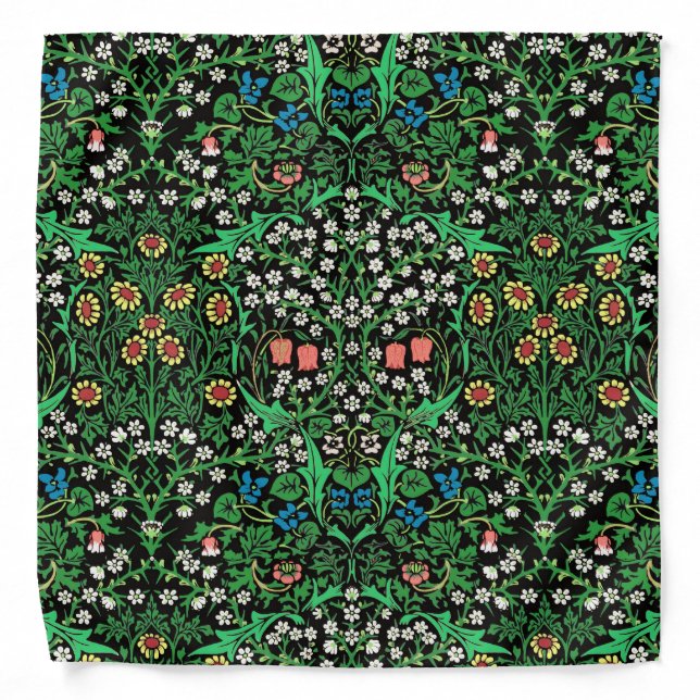 William Morris Jacobean Floral, Black Background Bandana (Front)