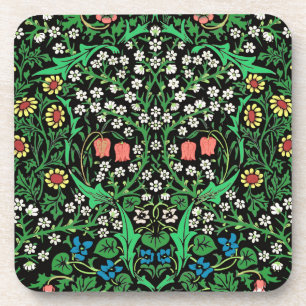 William Morris Jacobean Floral, Black Background  Beverage Coaster