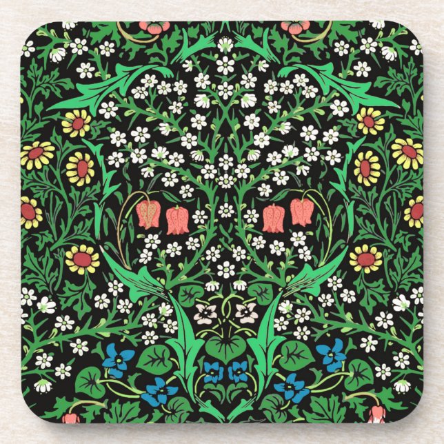 William Morris Jacobean Floral, Black Background  Beverage Coaster (Front)