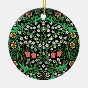 William Morris Jacobean Floral, Black Background Ceramic Ornament