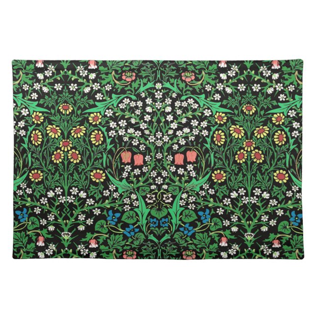 William Morris Jacobean Floral, Black Background  Cloth Placemat (Front)